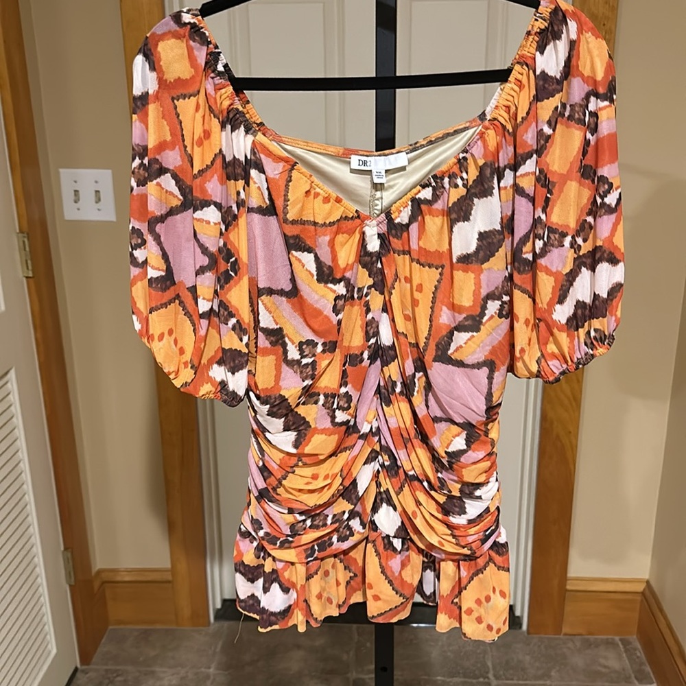DR2 by Daniel Rainn women’s Puff Sleeve Ruched Mesh Peplum Top - Picture 6 of 11